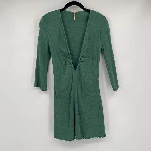 Free People Women's Green Crepe Deep V Neckline Mini Dress Size Small Altered - Picture 7 of 12